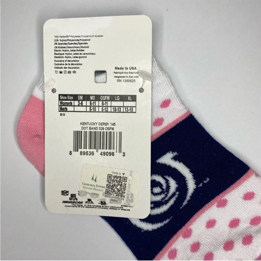 For Bare Feet Socks Kentucky Derby 145 6-11 White Pink Dot Band Blue Pink Argyle